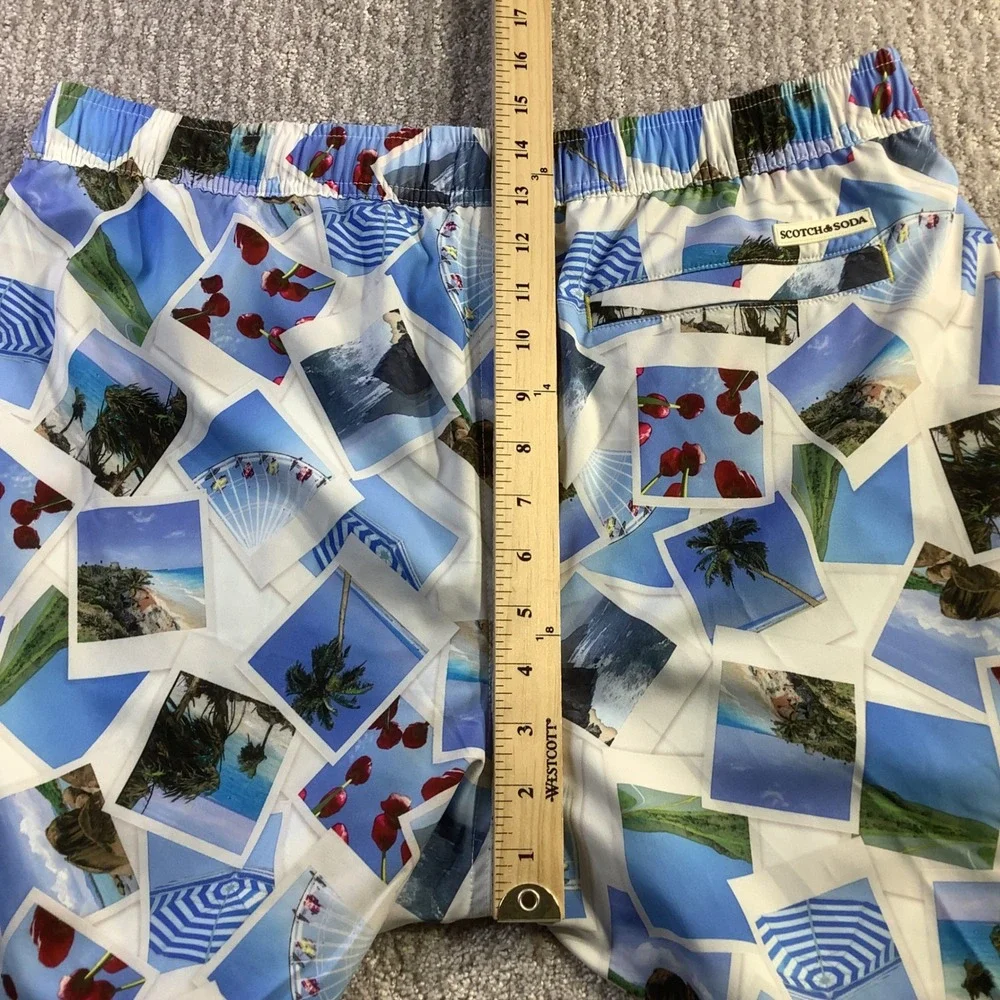 Scotch & Soda Mens Volley Swim Shorts Polaroid Print White Blue Size M NWT